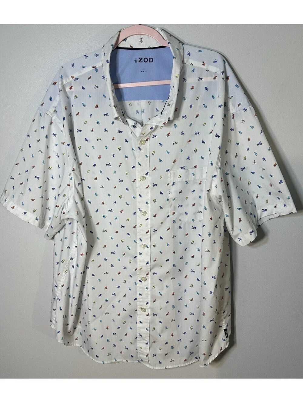 Men’s Izod White Short Sleeve Lightweight Coastal Beach Chair Print Shirt 4XL